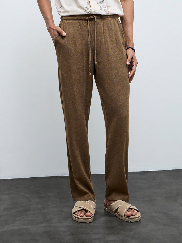ETA Brown Solid Relaxed-Fit Mid-Rise Cotton Chinos