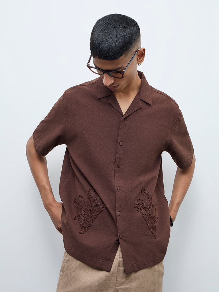 ETA Brown Floral Embroidered Relaxed-Fit Cotton Shirt