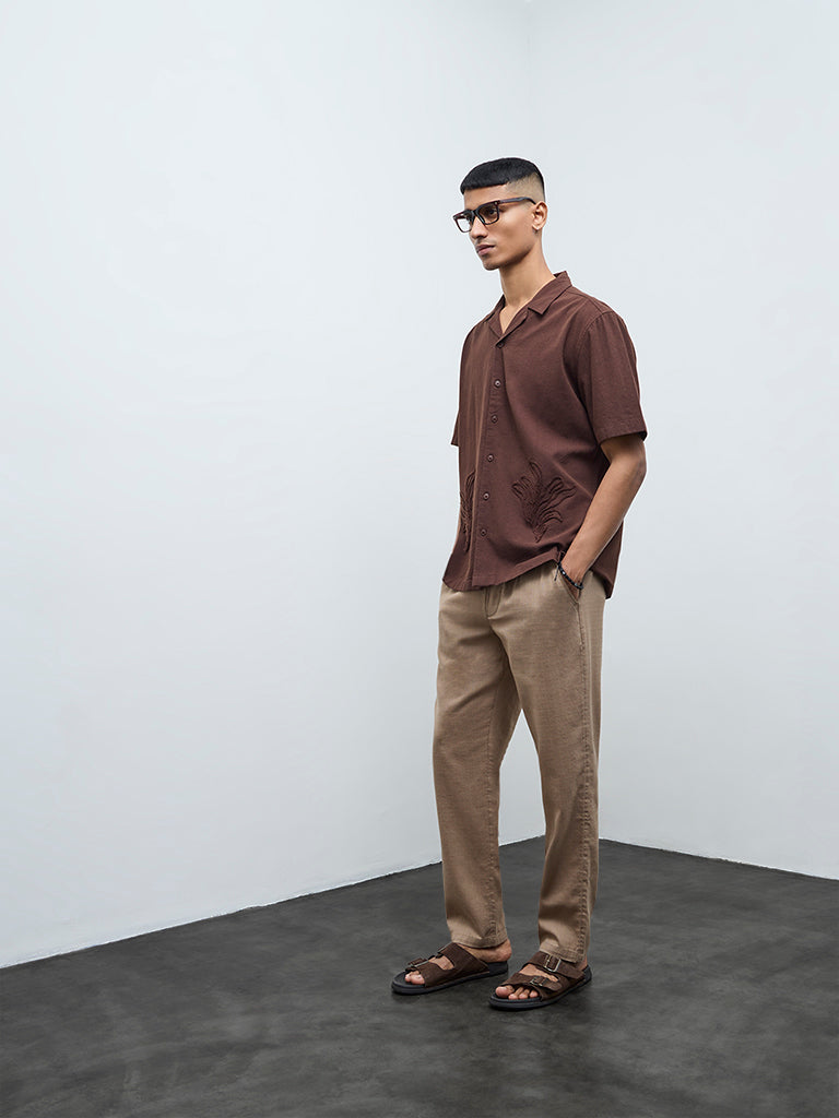 ETA Brown Floral Embroidered Relaxed-Fit Cotton Shirt