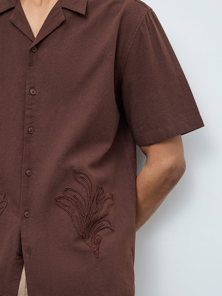 ETA Brown Floral Embroidered Relaxed-Fit Cotton Shirt