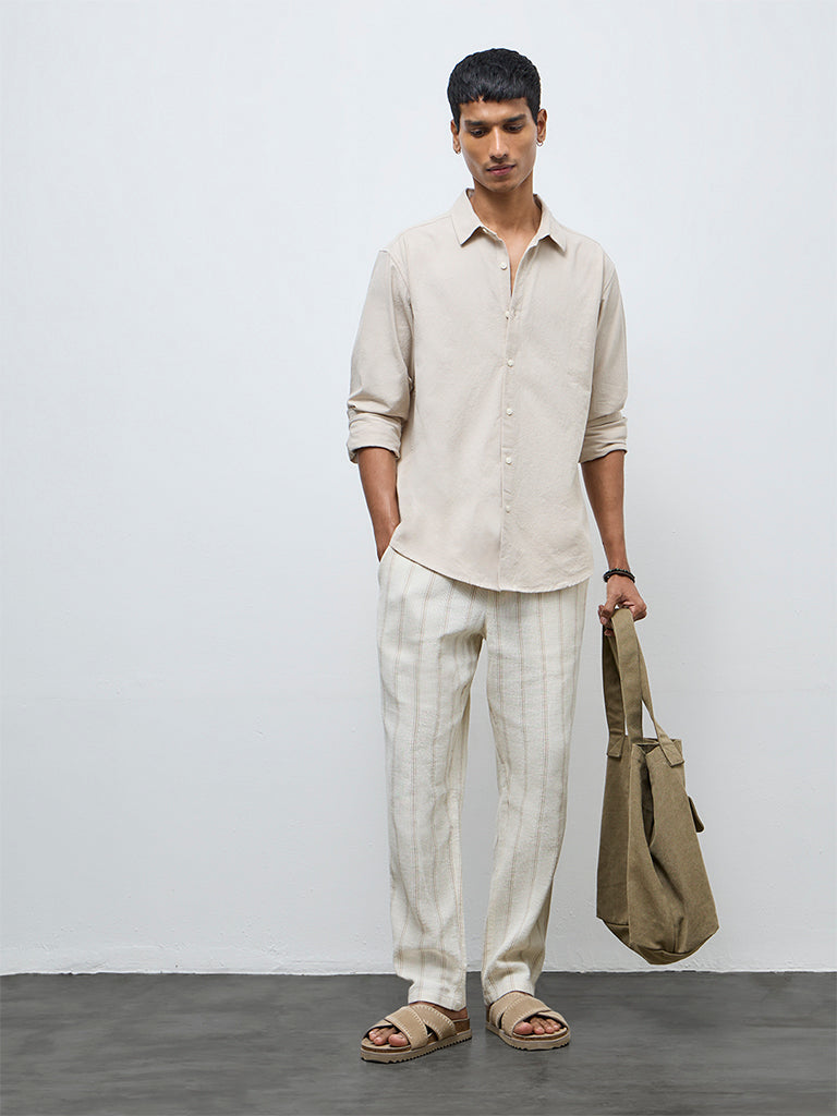 ETA Light Beige Solid Relaxed-Fit Cotton Shirt