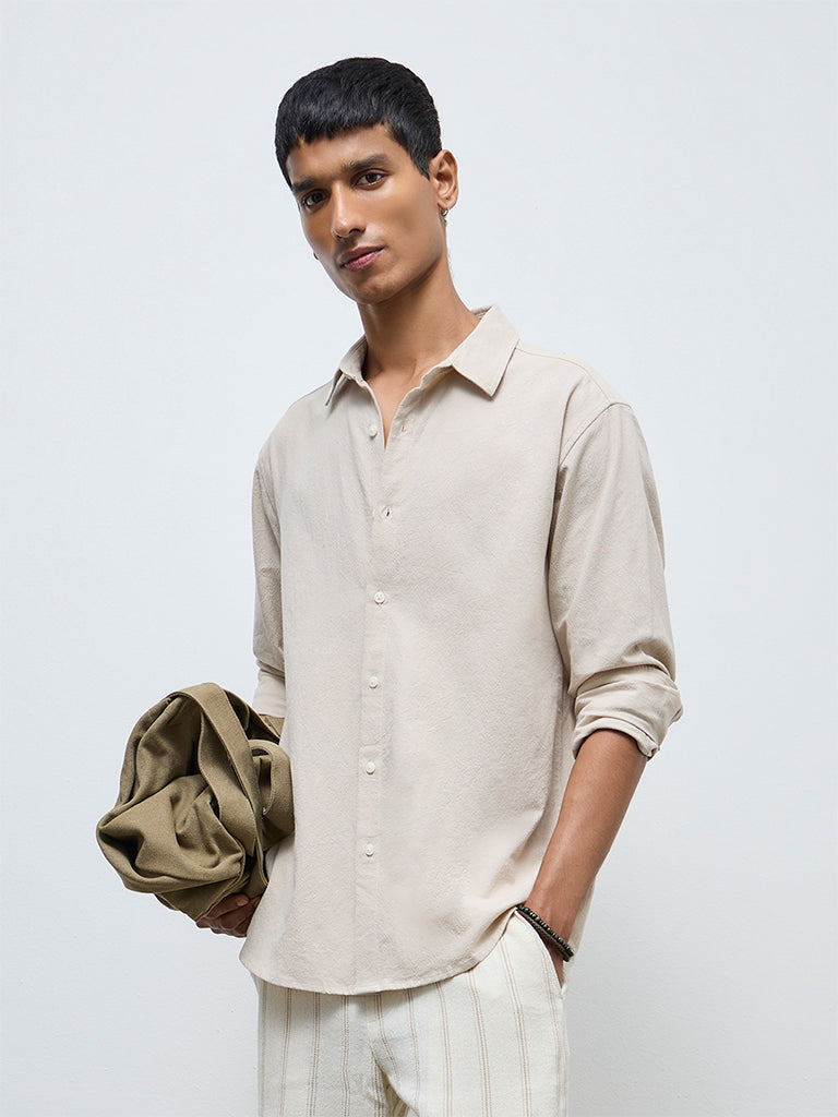 ETA Light Beige Solid Relaxed-Fit Cotton Shirt