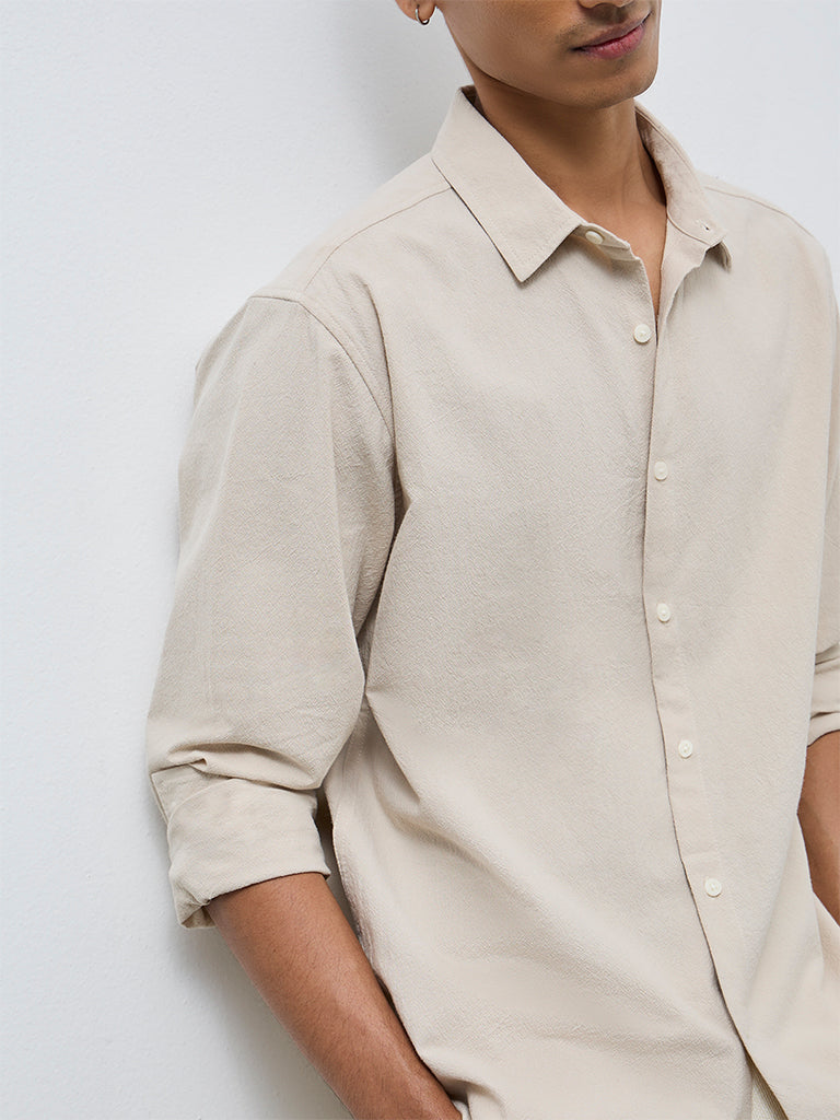ETA Light Beige Solid Relaxed-Fit Cotton Shirt