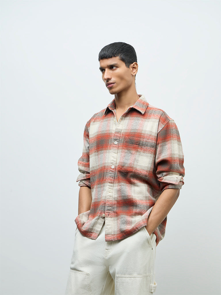 Nuon Red Checks Pattern Relaxed-Fit Cotton Shirt