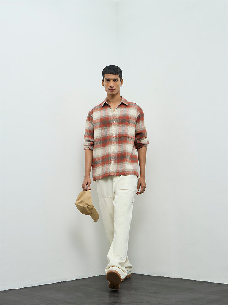 Nuon Red Checks Pattern Relaxed-Fit Cotton Shirt