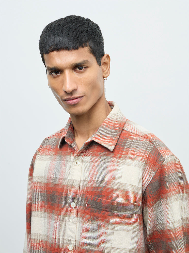Nuon Red Checks Pattern Relaxed-Fit Cotton Shirt