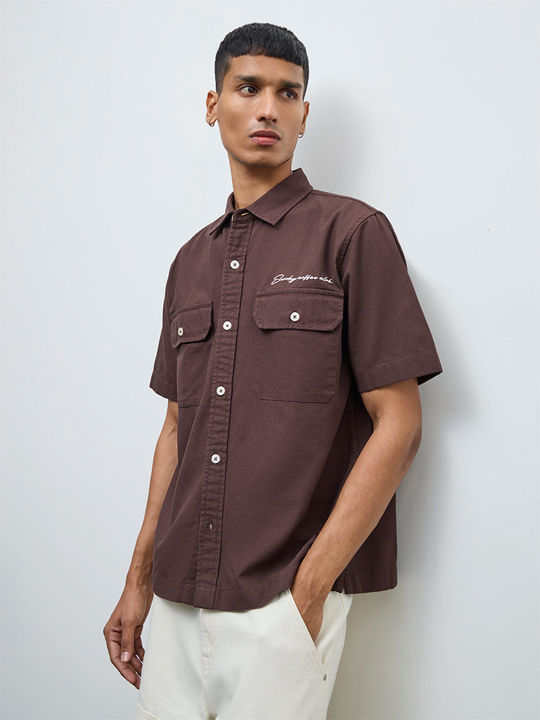 Nuon Brown Solid Relaxed-Fit Cotton Shirt