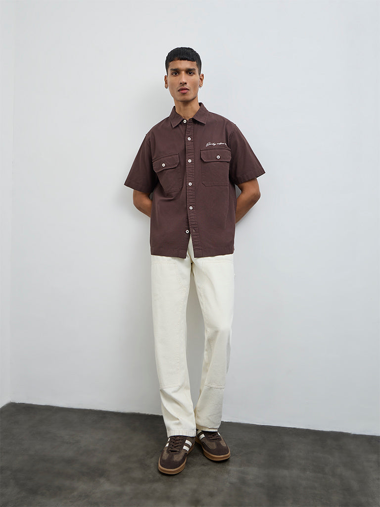 Nuon Brown Solid Relaxed-Fit Cotton Shirt