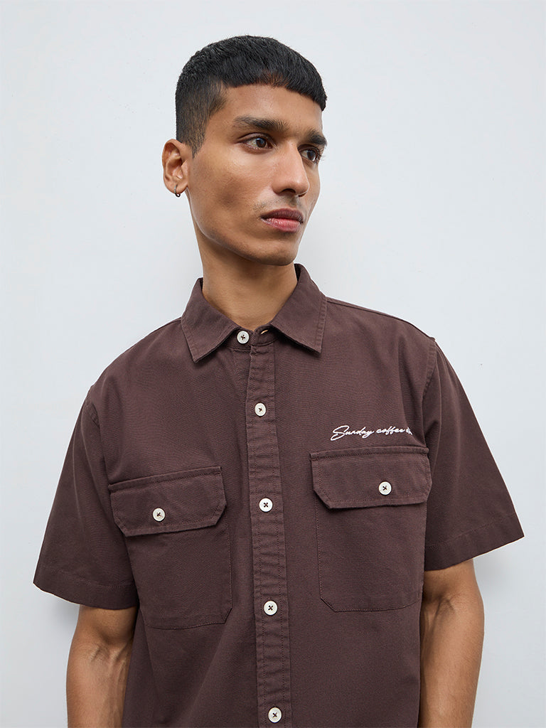 Nuon Brown Solid Relaxed-Fit Cotton Shirt
