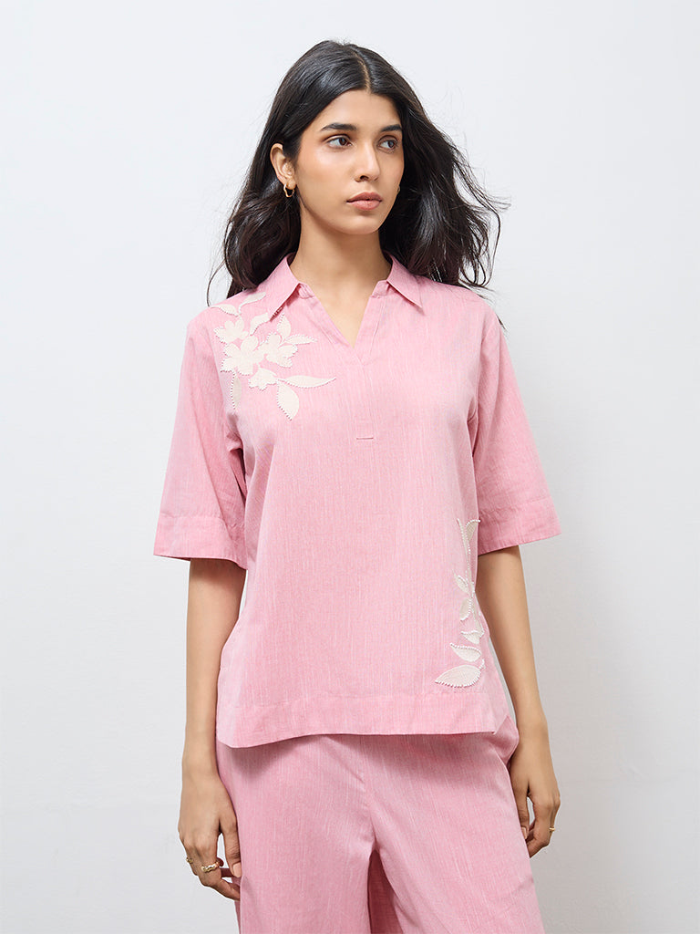 Utsa Light Pink Floral Embroidered Cotton Tunic