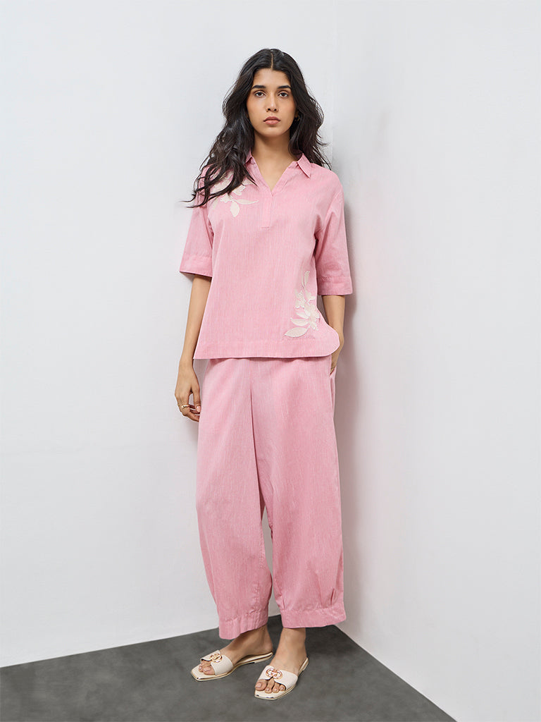 Utsa Light Pink Floral Embroidered Cotton Tunic