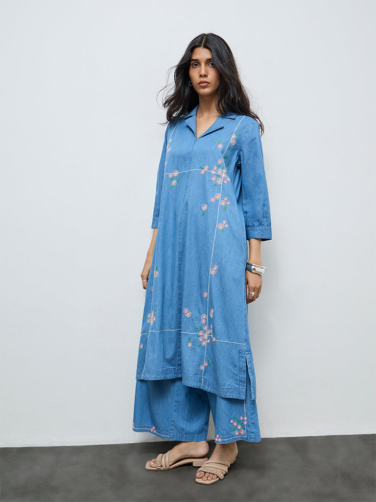 Utsa Blue Floral Embroidered Denim A-Line Kurta