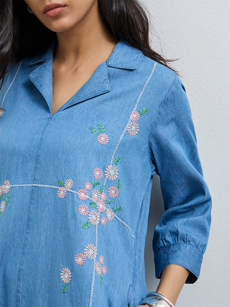 Utsa Blue Floral Embroidered Denim A-Line Kurta