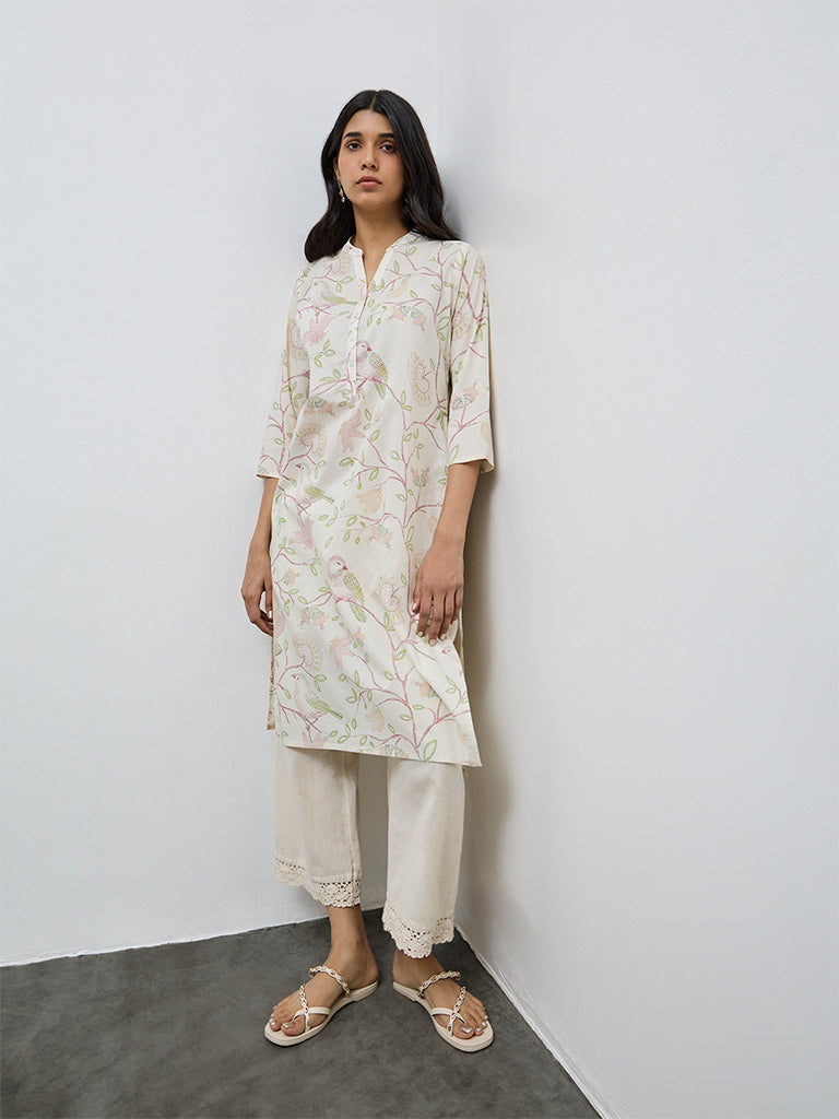 Utsa Off-White Printed Cotton Straight Kurta