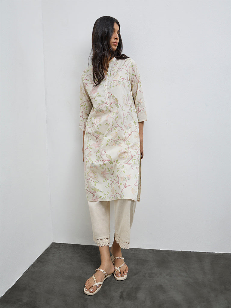 Utsa Off-White Printed Cotton Straight Kurta