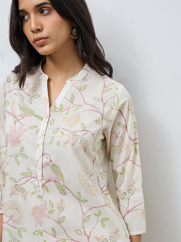 Utsa Off-White Printed Cotton Straight Kurta