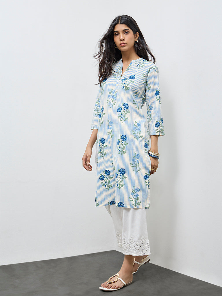 Utsa Off-White Floral Straight Cotton Kurta
