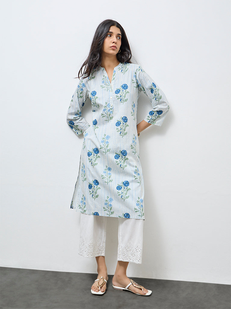 Utsa Off-White Floral Straight Cotton Kurta