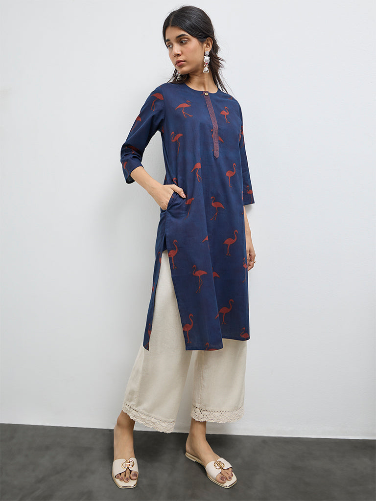 Utsa Navy Printed Cotton Straight Kurta