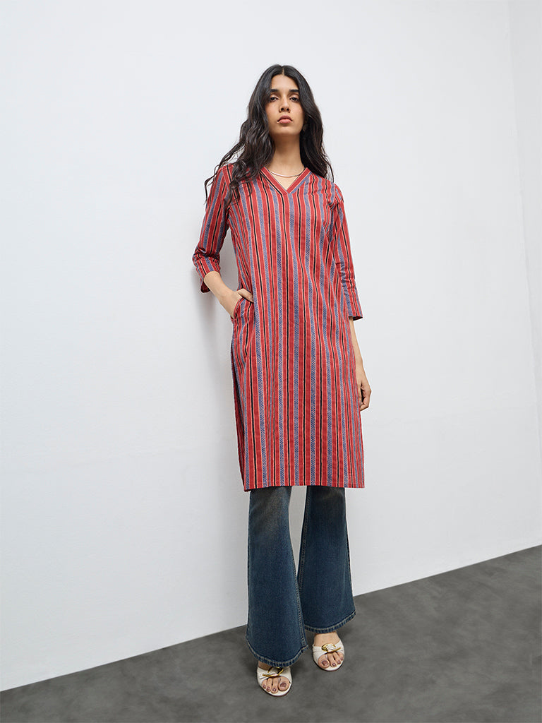 Utsa Red Striped Cotton Straight Kurta