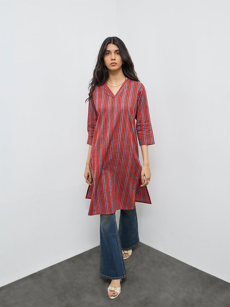 Utsa Red Striped Cotton Straight Kurta