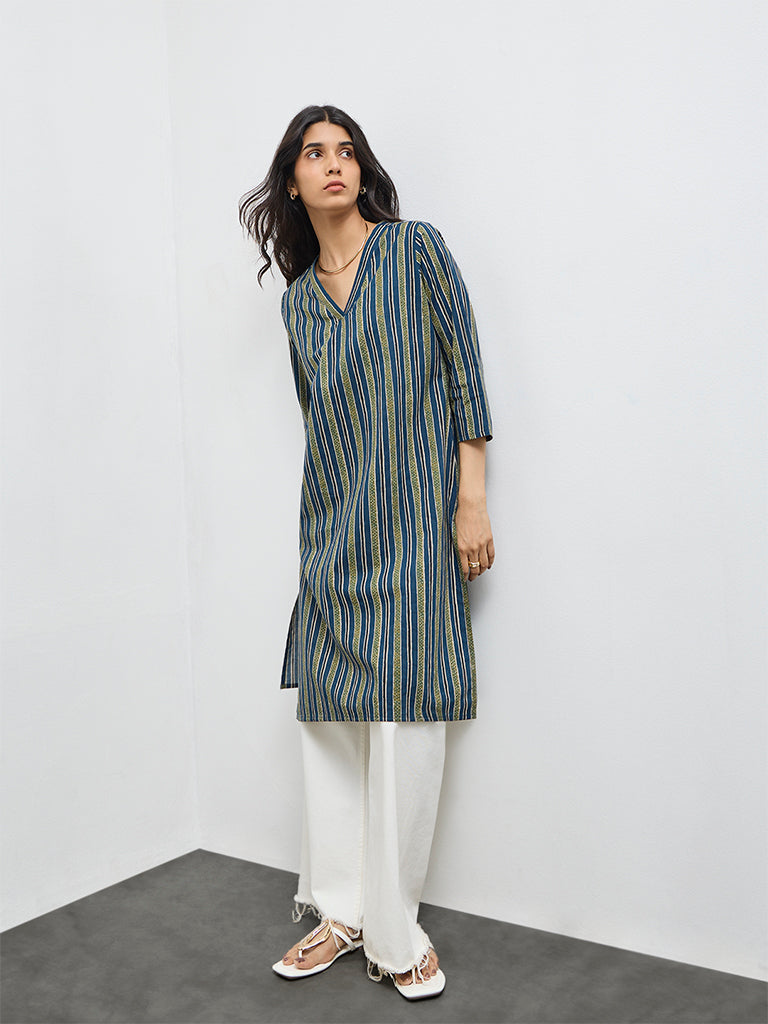 Utsa Indigo Striped Cotton Straight Kurta