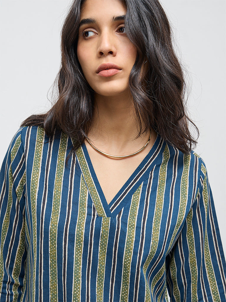 Utsa Indigo Striped Cotton Straight Kurta