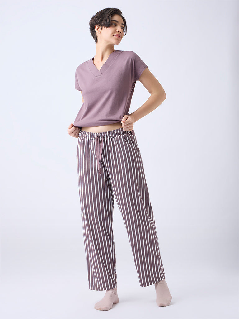 Wunderlove Brown Striped High-Rise Cotton Pants