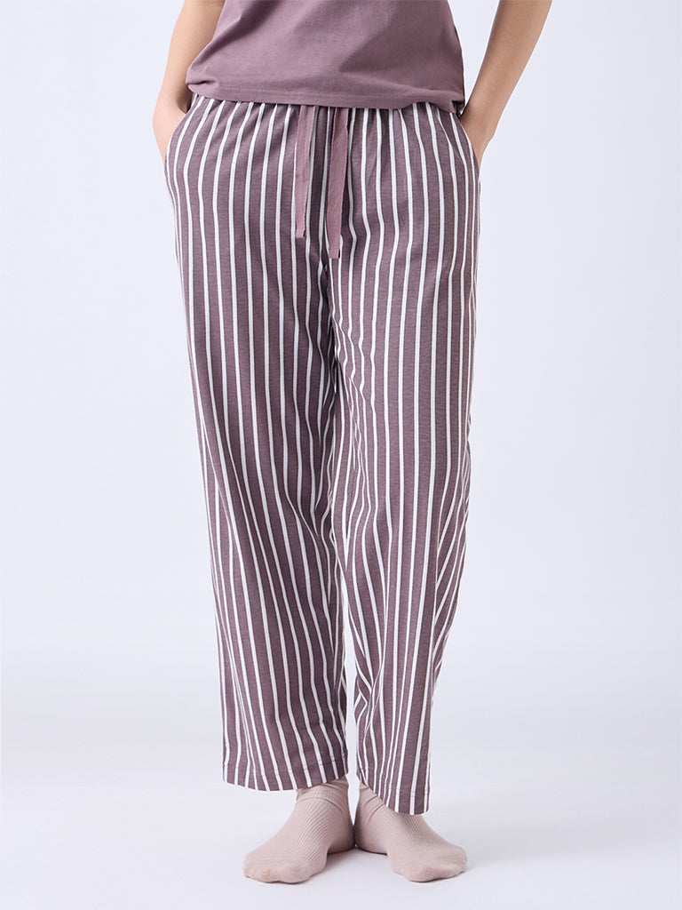 Wunderlove Brown Striped High-Rise Cotton Pants