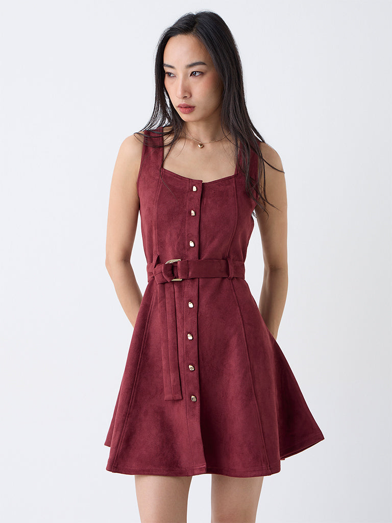 LOV Burgundy A-Line Suede Dress with Belt