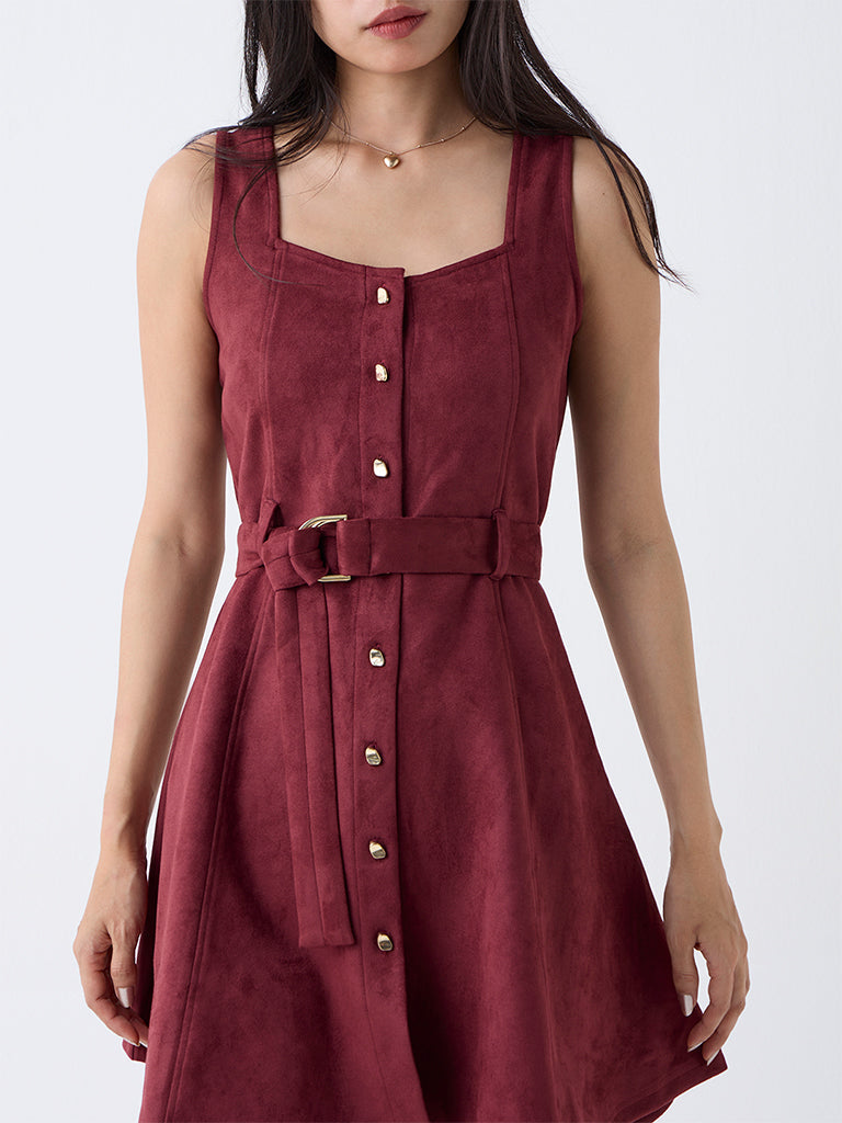 LOV Burgundy A-Line Suede Dress with Belt