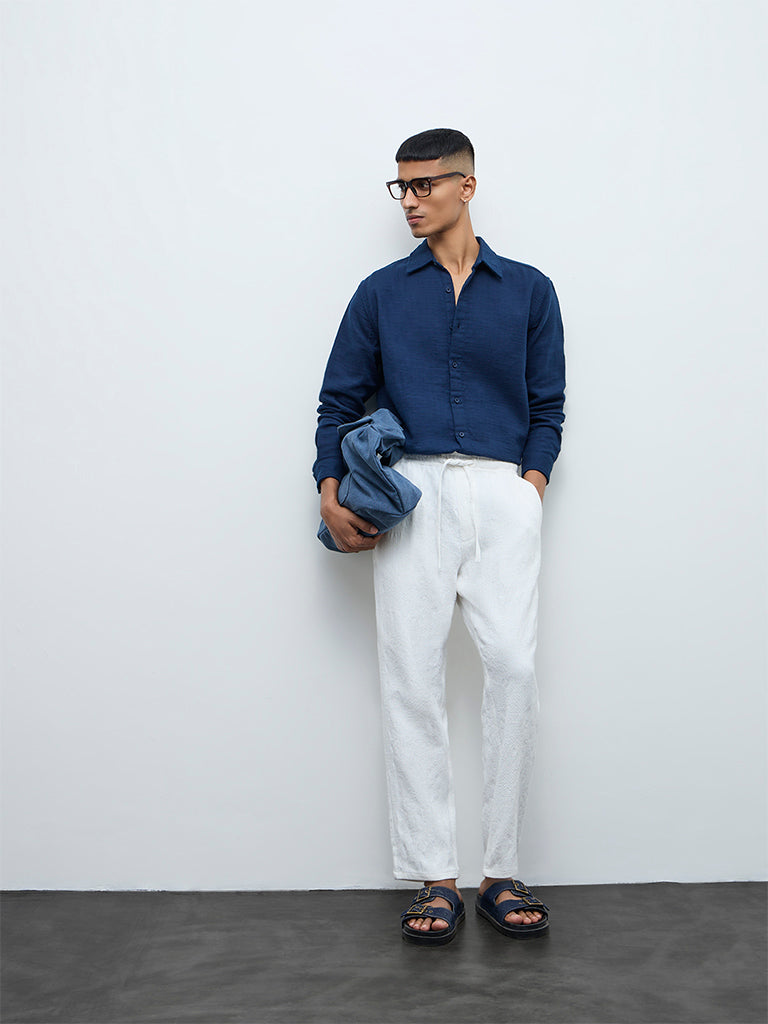 ETA White Textured Relaxed-Fit Mid-Rise Cotton Chinos