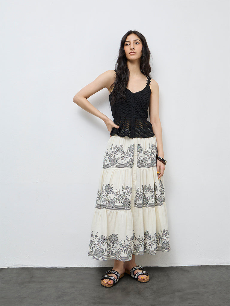 Bombay Paisley Off-White High-Rise Cotton Tiered Skirt