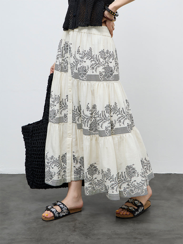Bombay Paisley Off-White High-Rise Cotton Tiered Skirt
