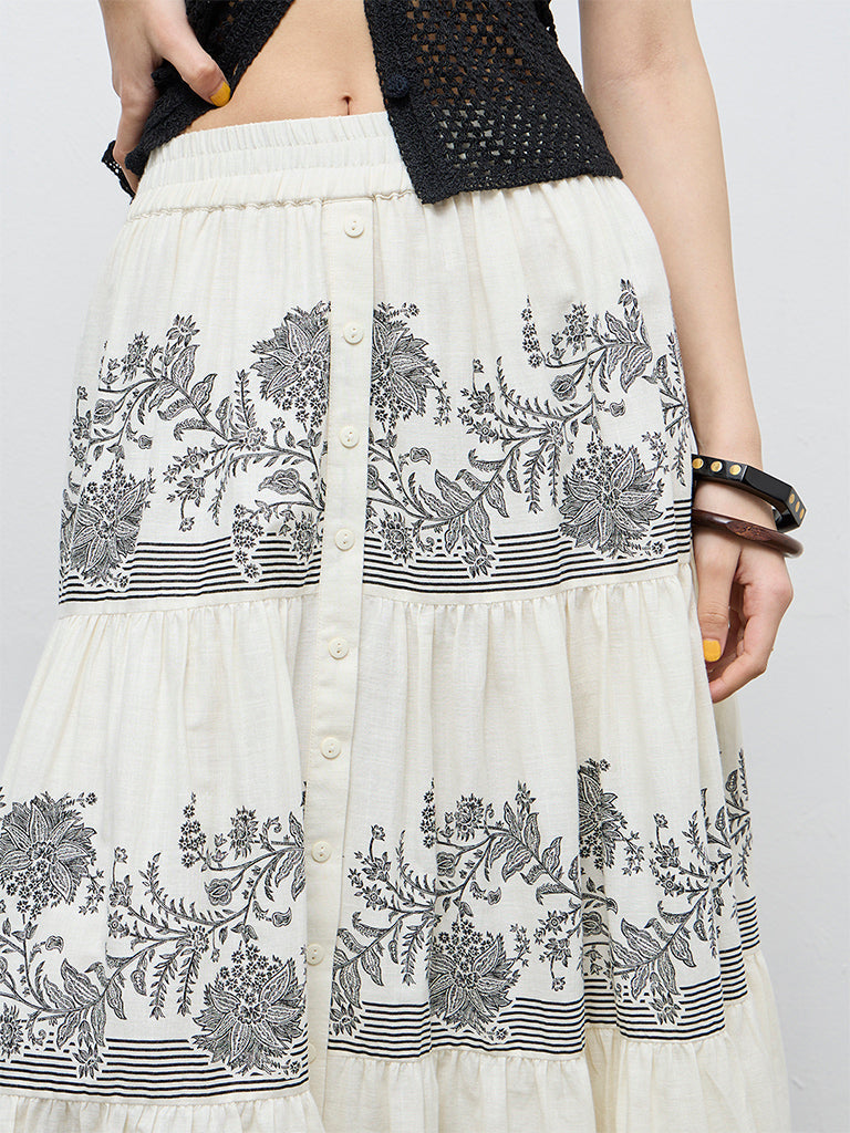 Bombay Paisley Off-White High-Rise Cotton Tiered Skirt