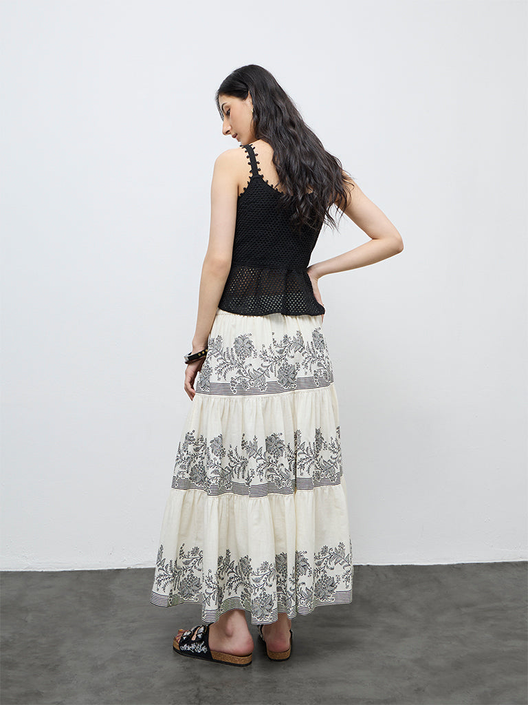 Bombay Paisley Off-White High-Rise Cotton Tiered Skirt