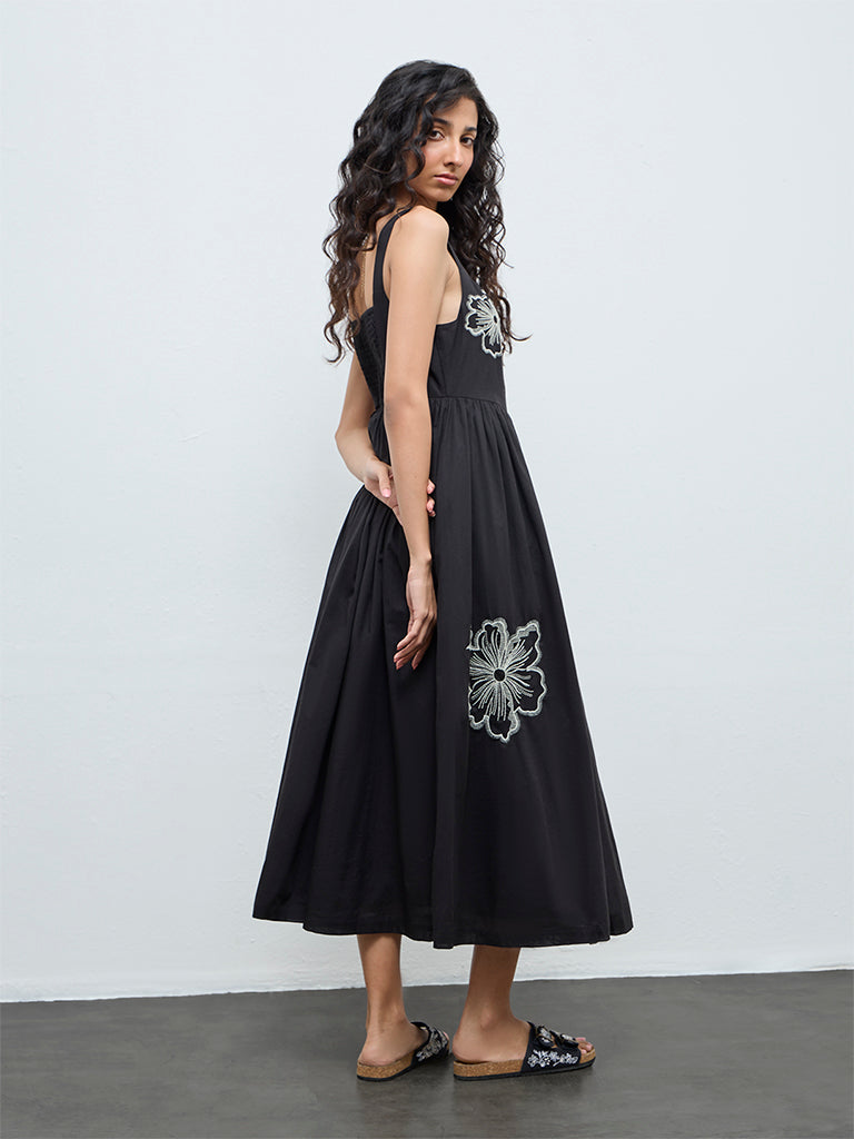 Bombay Paisley Black Floral Embroidered Cotton A-Line Dress