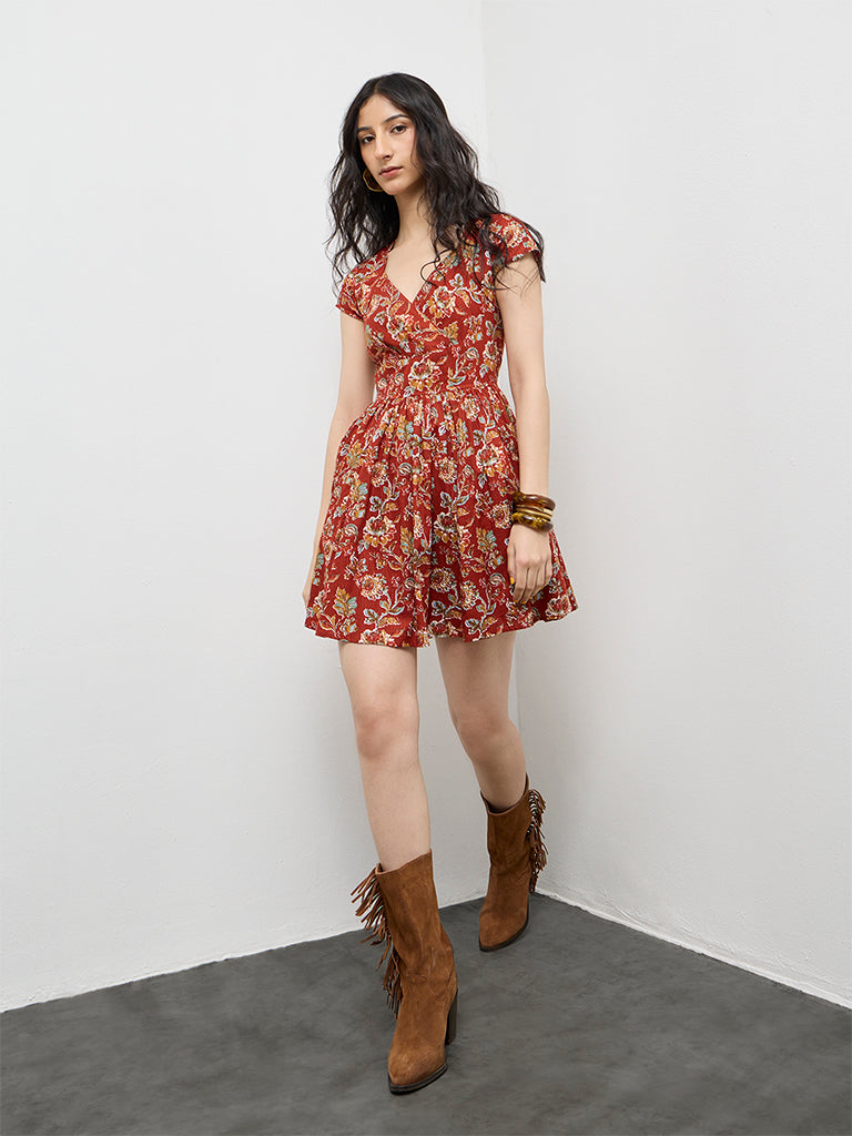 Bombay Paisley Red Floral Pattern Cotton A-Line Dress