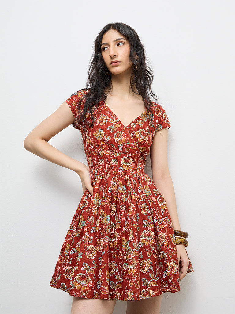 Bombay Paisley Red Floral Pattern Cotton A-Line Dress