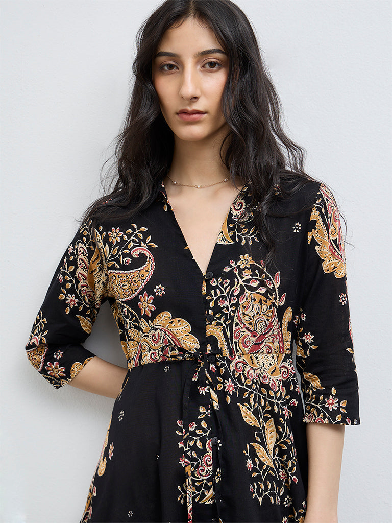 Bombay Paisley Black Printed Cotton Asymmetrical Dress