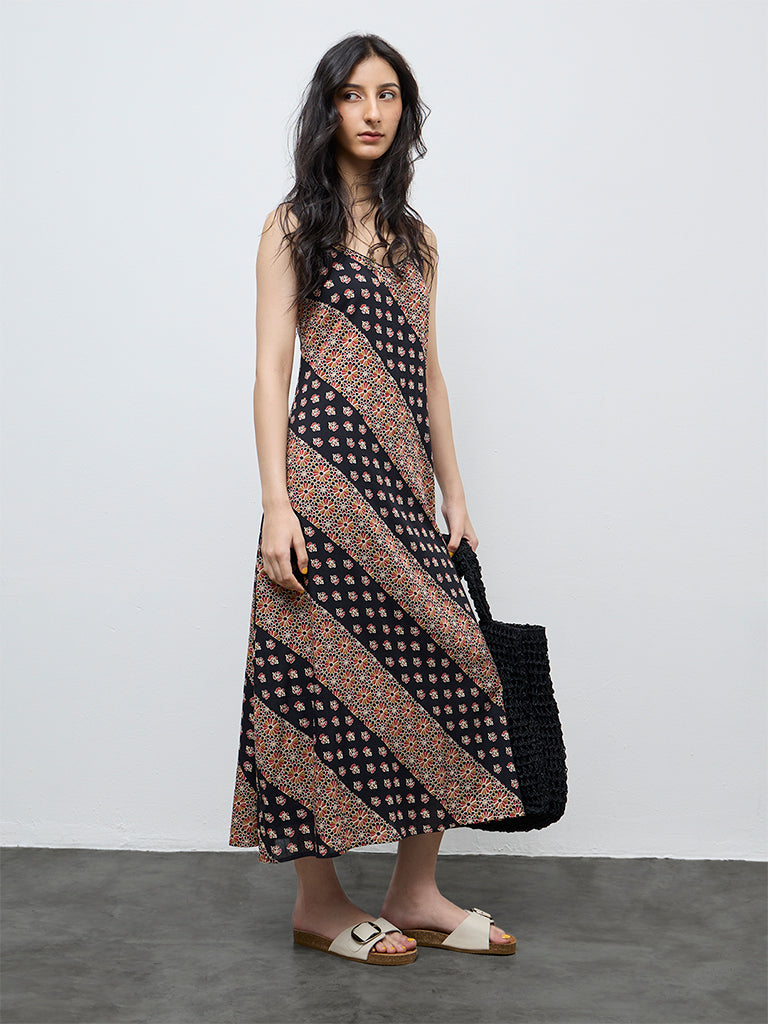 Bombay Paisley Black Printed Cotton A-Line Dress