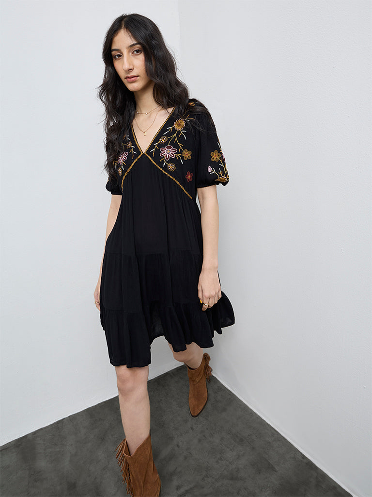 Bombay Paisley Black Embroidered Cotton A-Line Dress