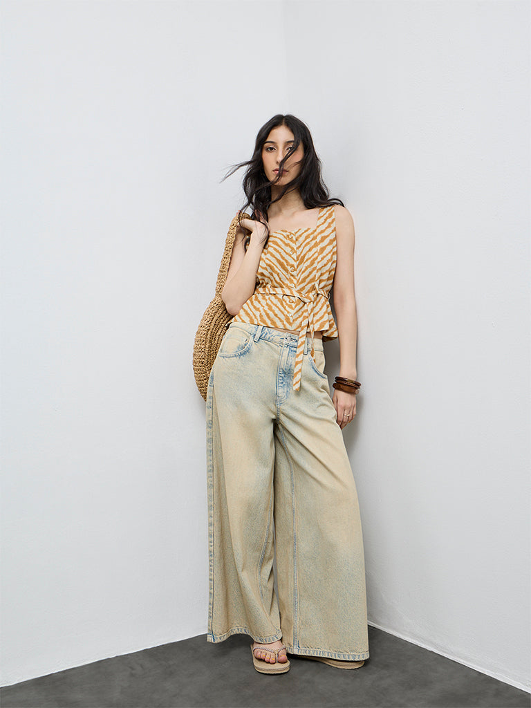 Bombay Paisley Yellow Printed Cotton-Blend Top with Belt