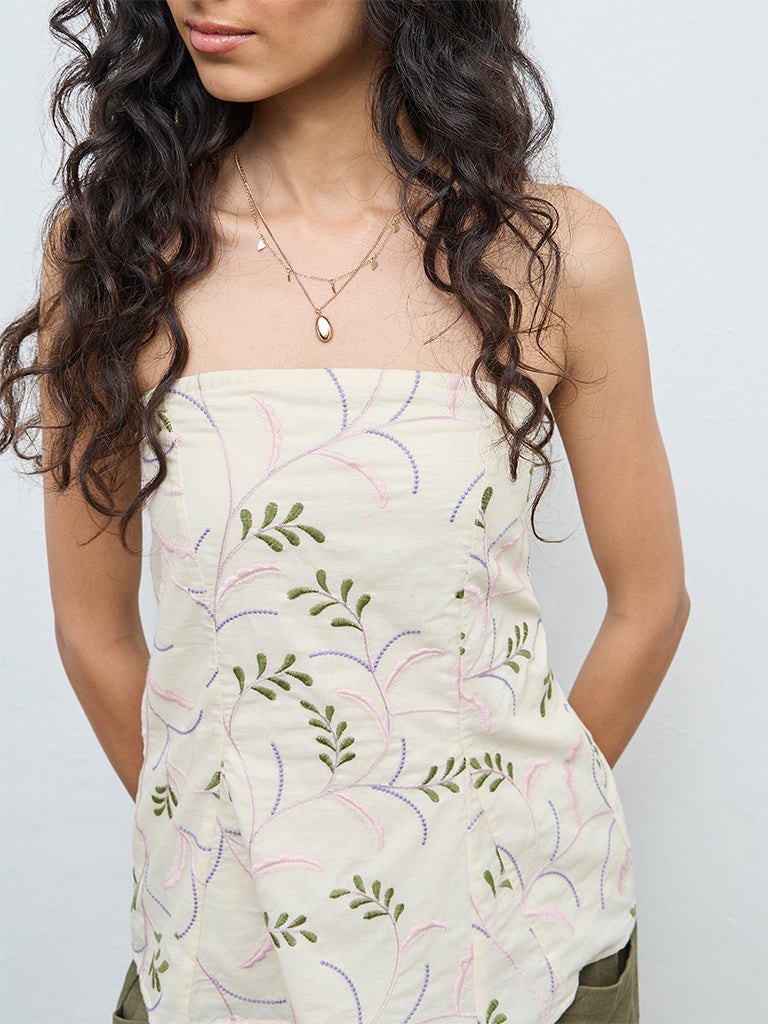 Bombay Paisley Off-White Embroidered Cotton Tube Top