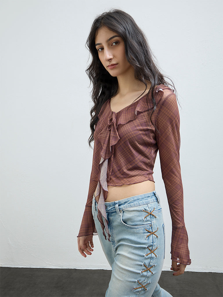 Nuon Brown Checks Detailed Mesh Top