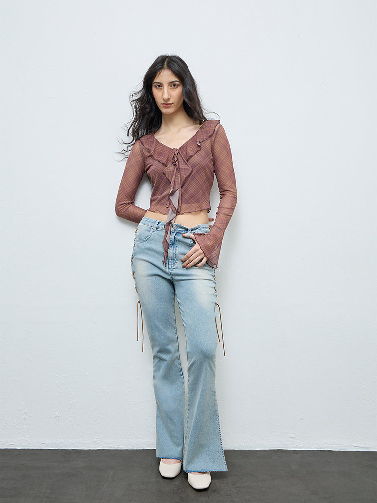 Nuon Brown Checks Detailed Mesh Top