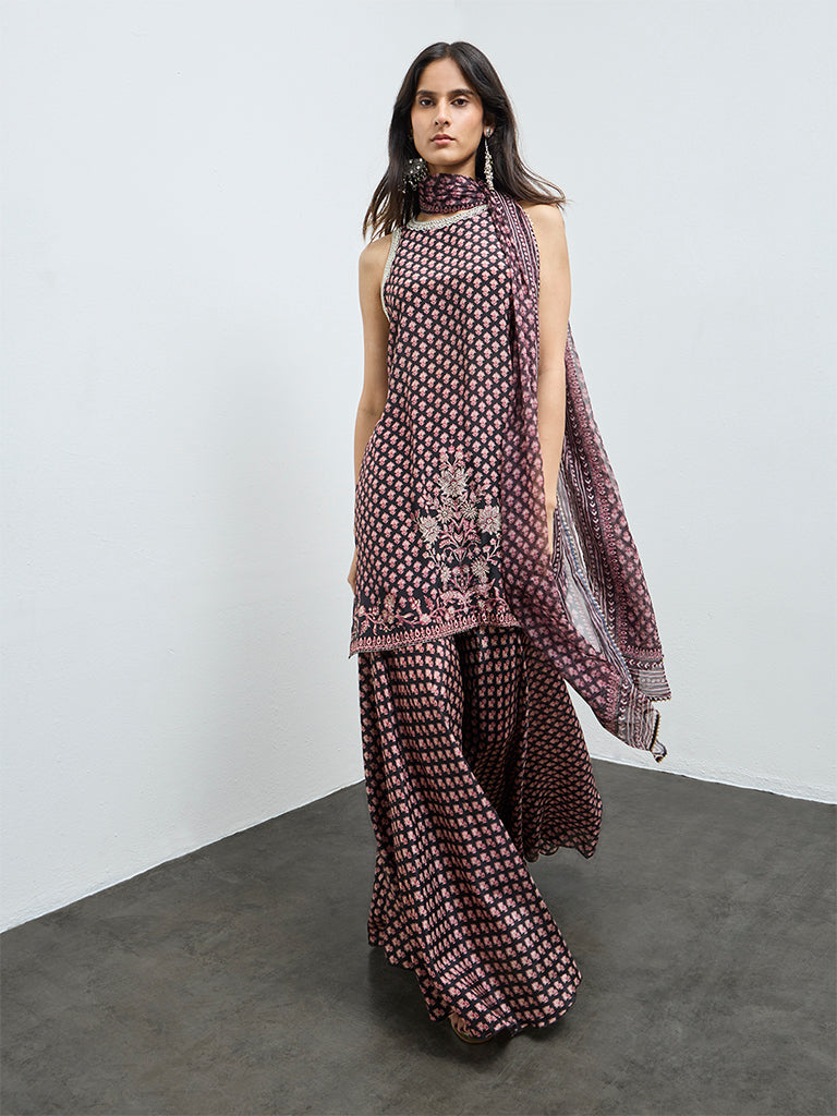 Vark Black Floral Printed A-Line Ethnic Set