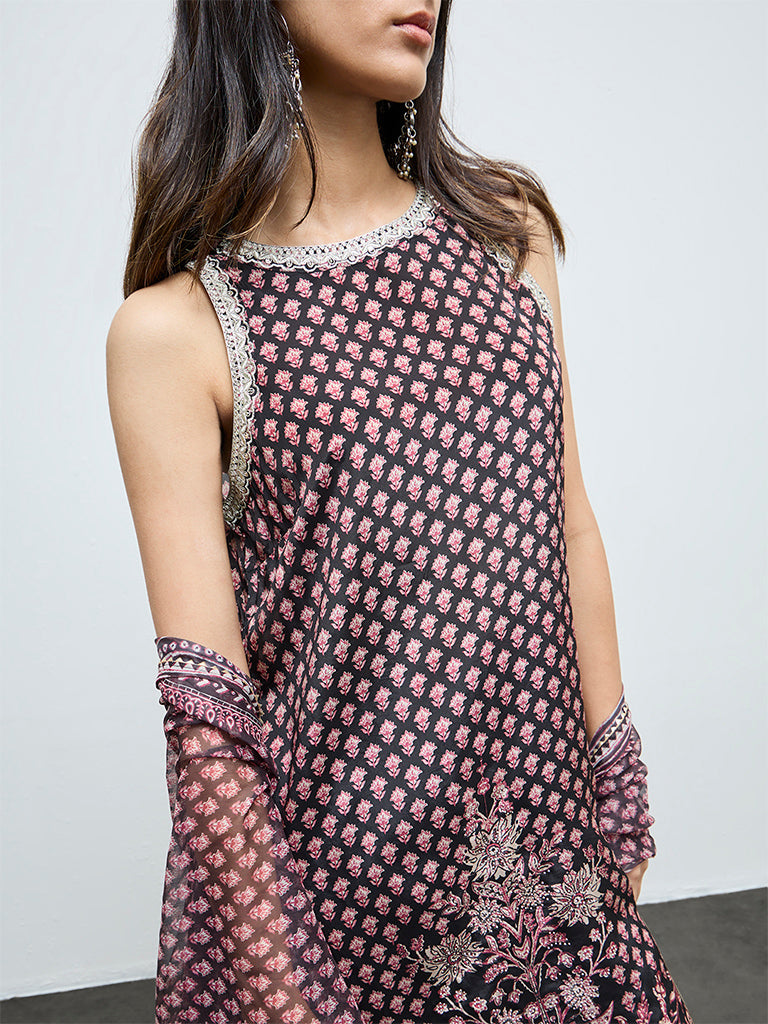 Vark Black Floral Printed A-Line Ethnic Set