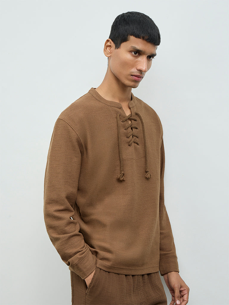 ETA Brown Criss-Cross Relaxed-Fit Cotton-Blend T-Shirt