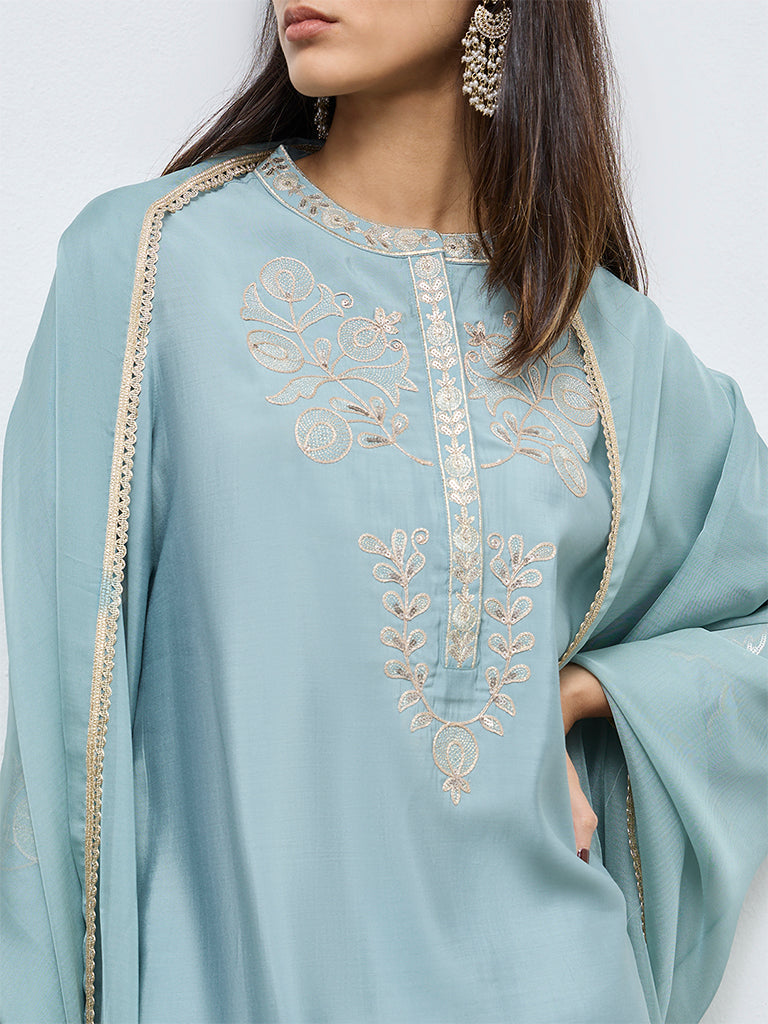 Vark Aqua Embroidered A-Line Ethnic Set